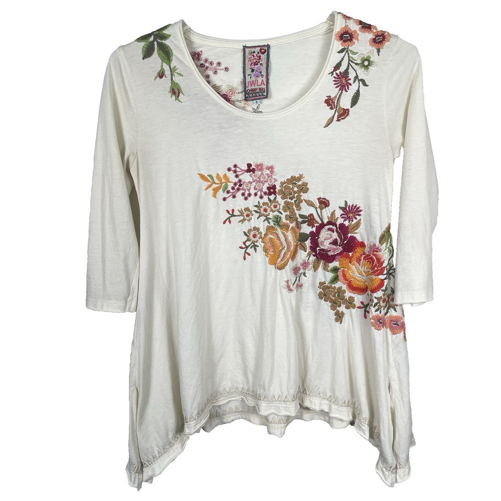 Johnny Was Tunic Top Size Small Ivory Floral Embroidered Oversized Boho Hippie
